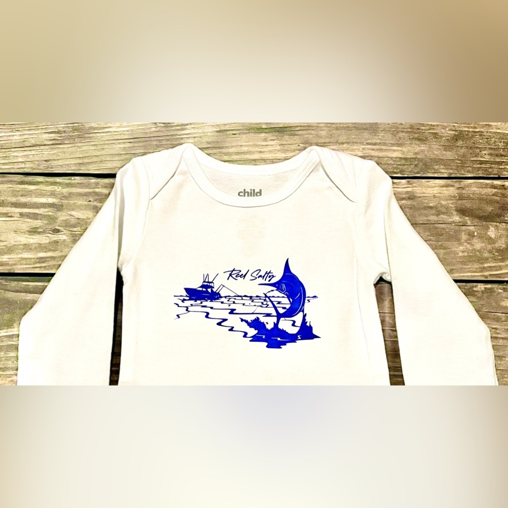 New White long sleeve onsie, vinyl was cut and heat pressed by me. Size 9months